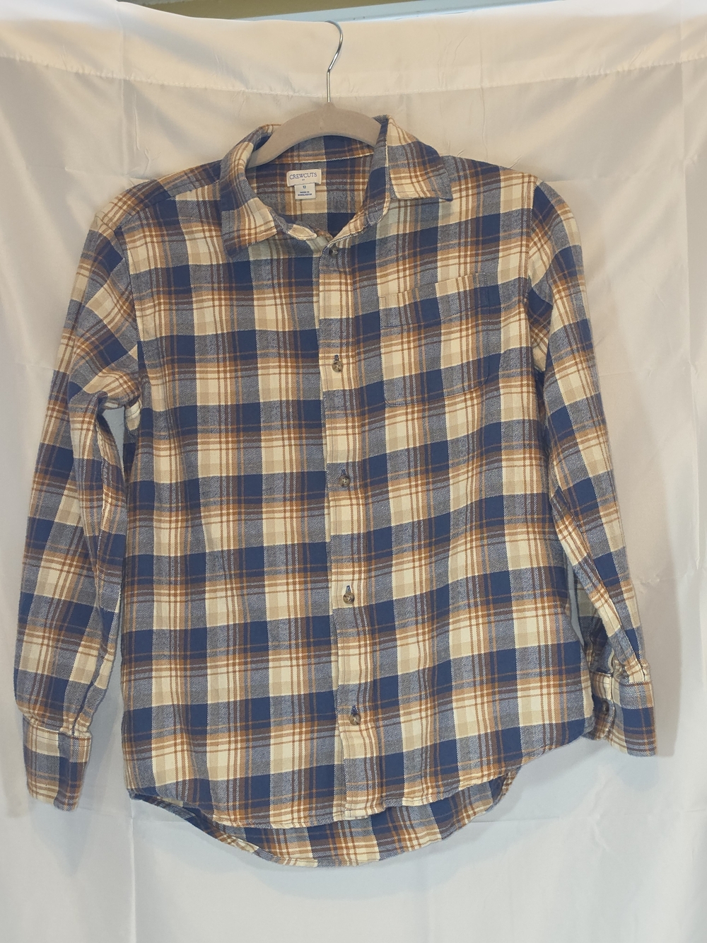 Crewcuts by J.Crew Boys Size 12 Blue Tan Plaid 100% Cotton Button Down Shirt